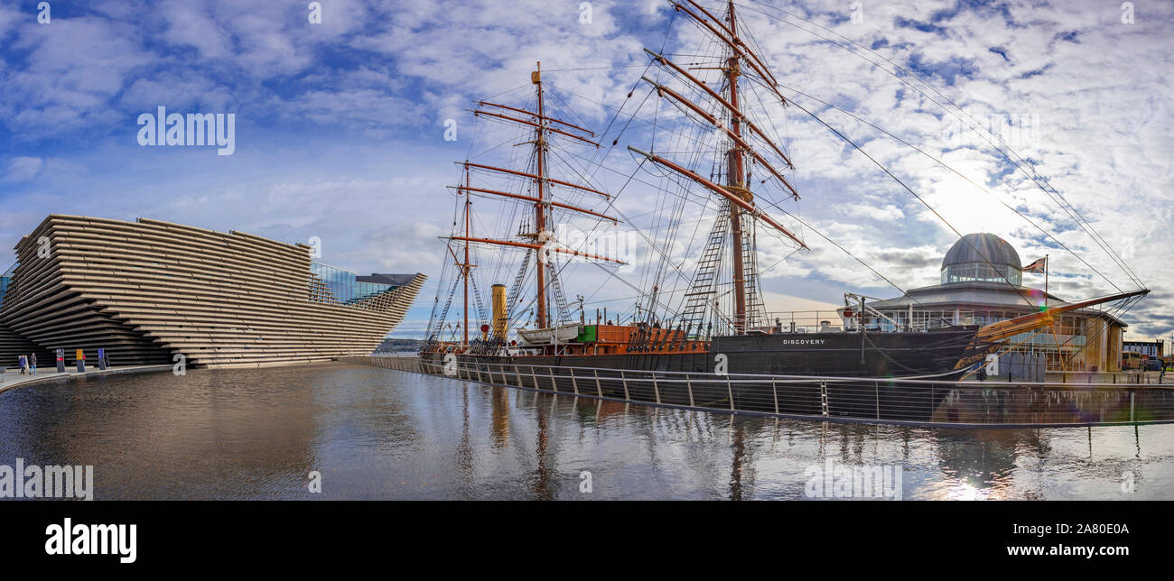 V & A museum on the banks of the river `Tay at Dundee longside the Discovery Scotts Antarctica ship. Stock Photo